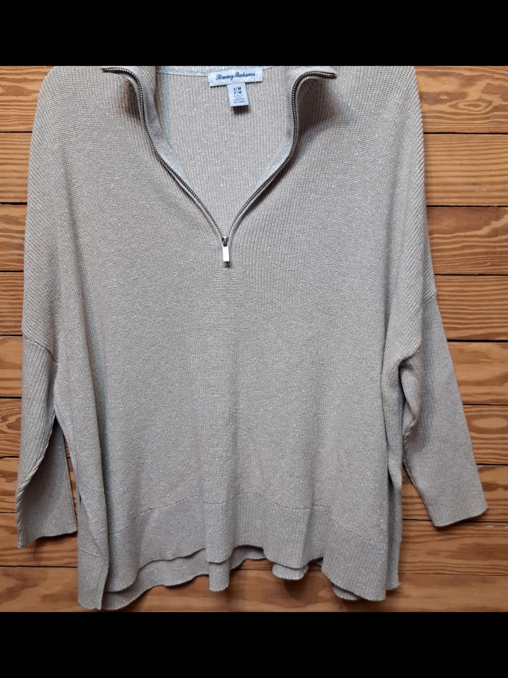 Tommy Bahama Shimmery Beige Metallic Sheen Half-Zip Sweater